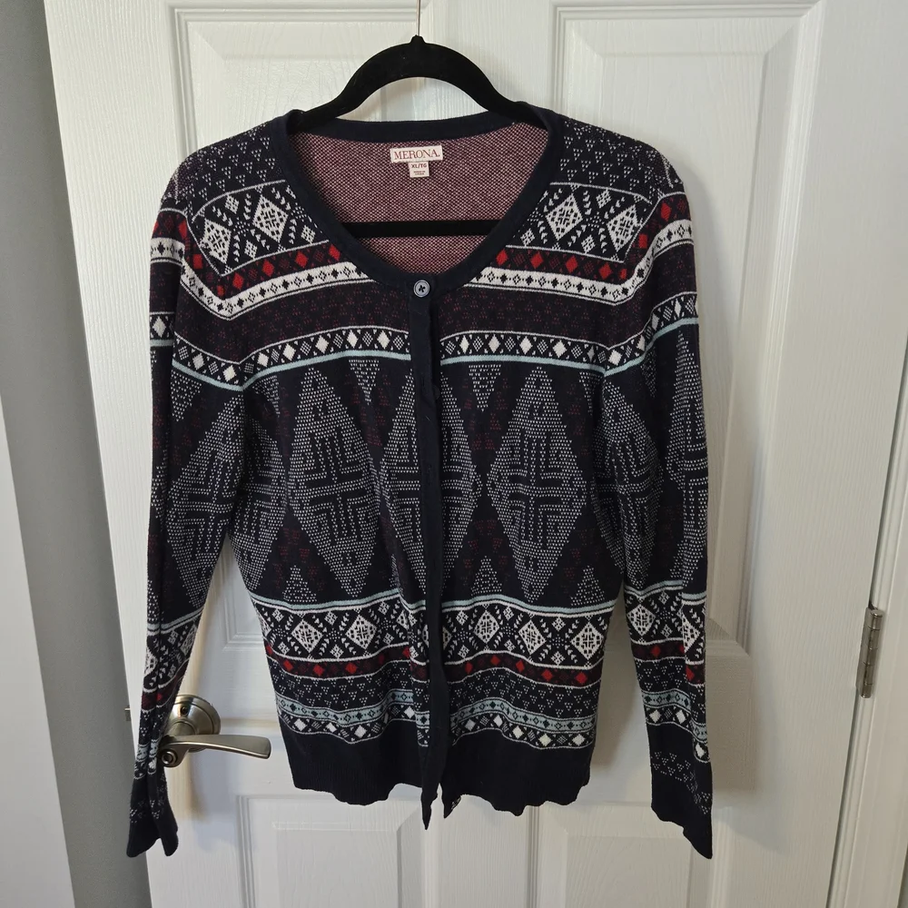 Merona Navy Fair Isle Cardigan with Red and Light Blue Accents - Picture 1 of 3
